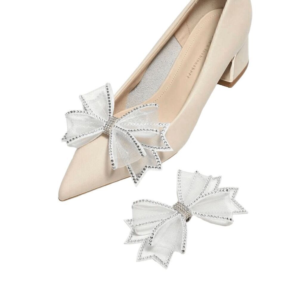 ✨ 2pcs White Bowknot Rhinestone Shoe Jewelry Clips Decor Accessories NEW